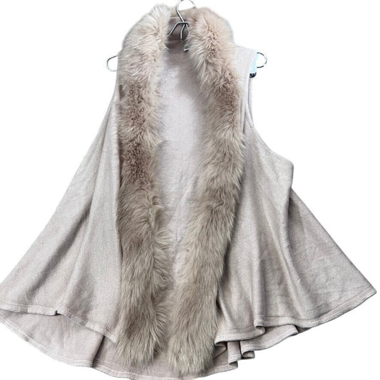 Faux Fur Collar Sleeveless Cardigan Open Front Knit Vest M Boho Chic Cozy Layer