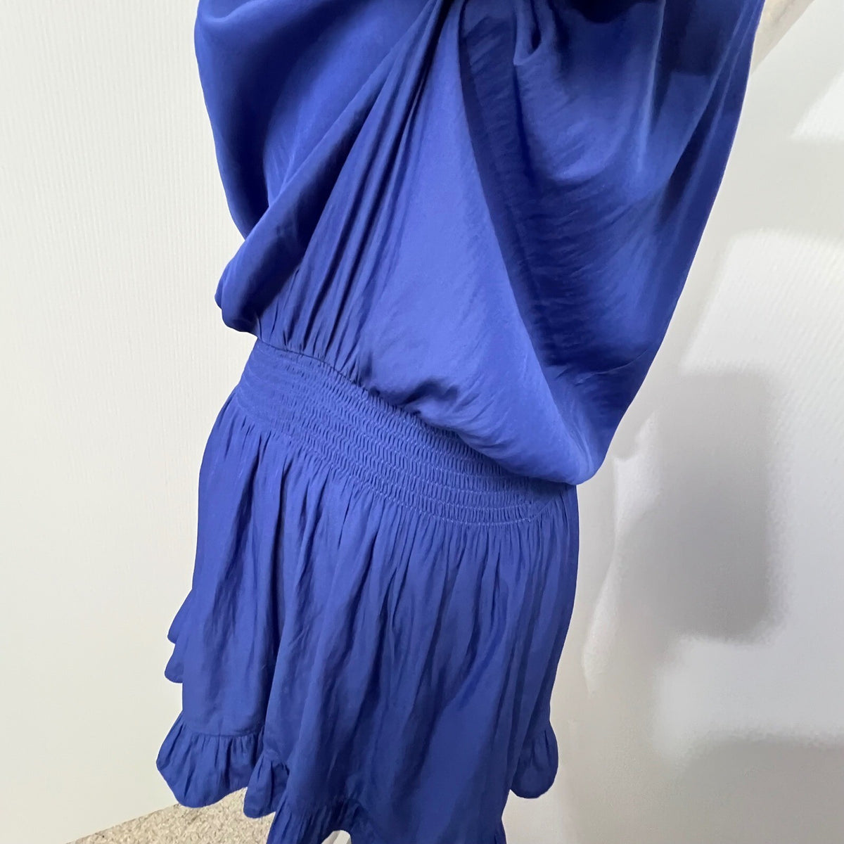 Ramy Brook New York Royal Blue Sleeveless Smocked Waist Ruffle Hem S Mini Dress
