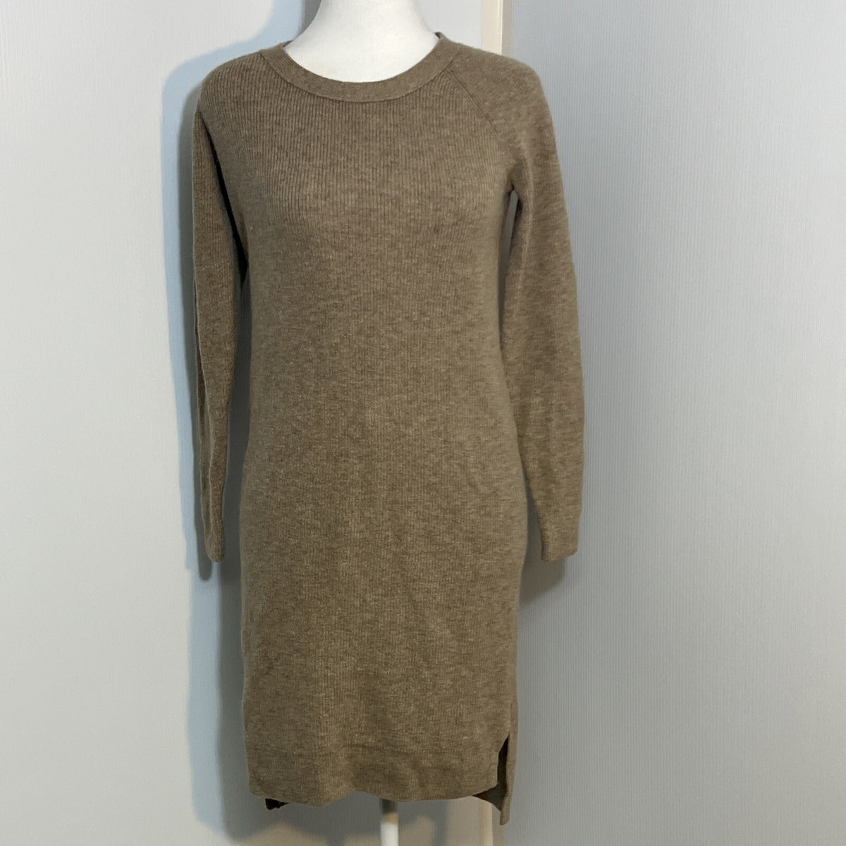 Madewell Dress XS Side Slit Sweater Ribbed Dress Tan Long Sleeve Bodycon Neutral