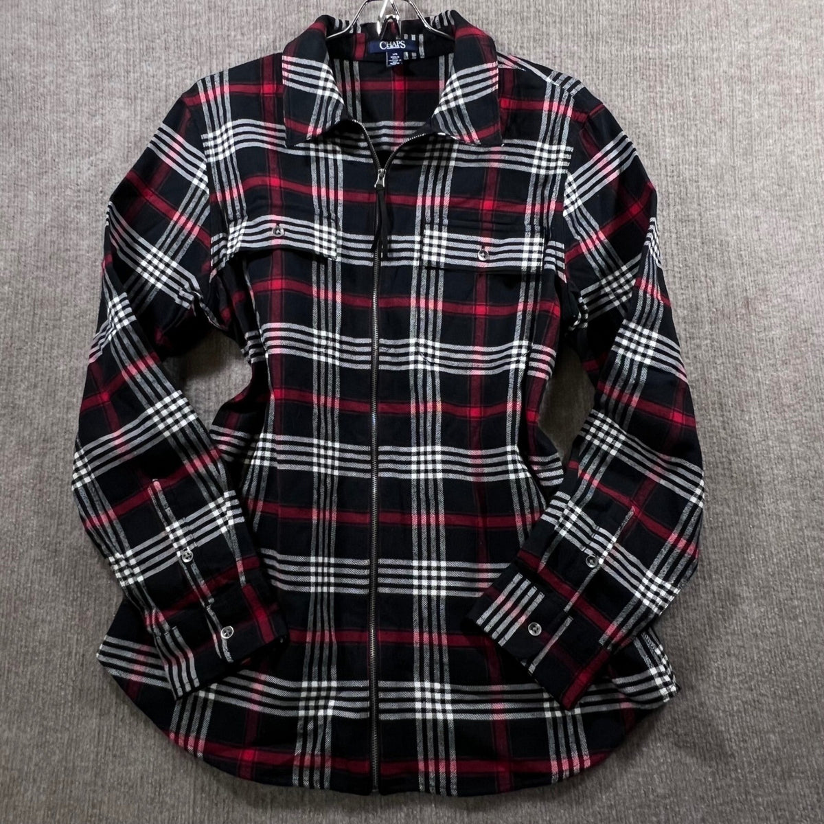 CHAPS Plaid Full Zip Flannel Shirt Jacket Red Black White L G Mens Long Sleeve