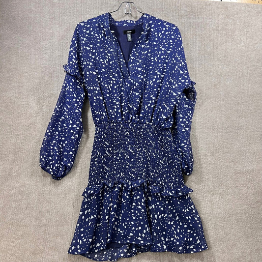 AQUA Navy Blue White Speckled Print Ruffle V Neck Smocked Waist Dress Size S