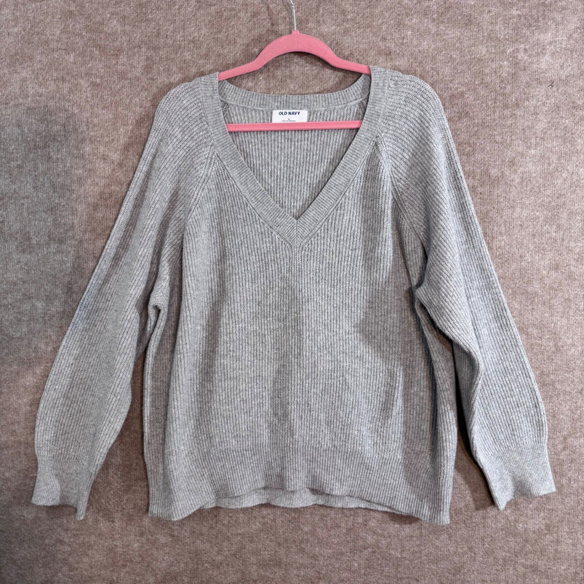 Old Navy V Neck Sweater Womens XL Gray Ribbed Knit Long Sleeve Cotton Blend Cozy