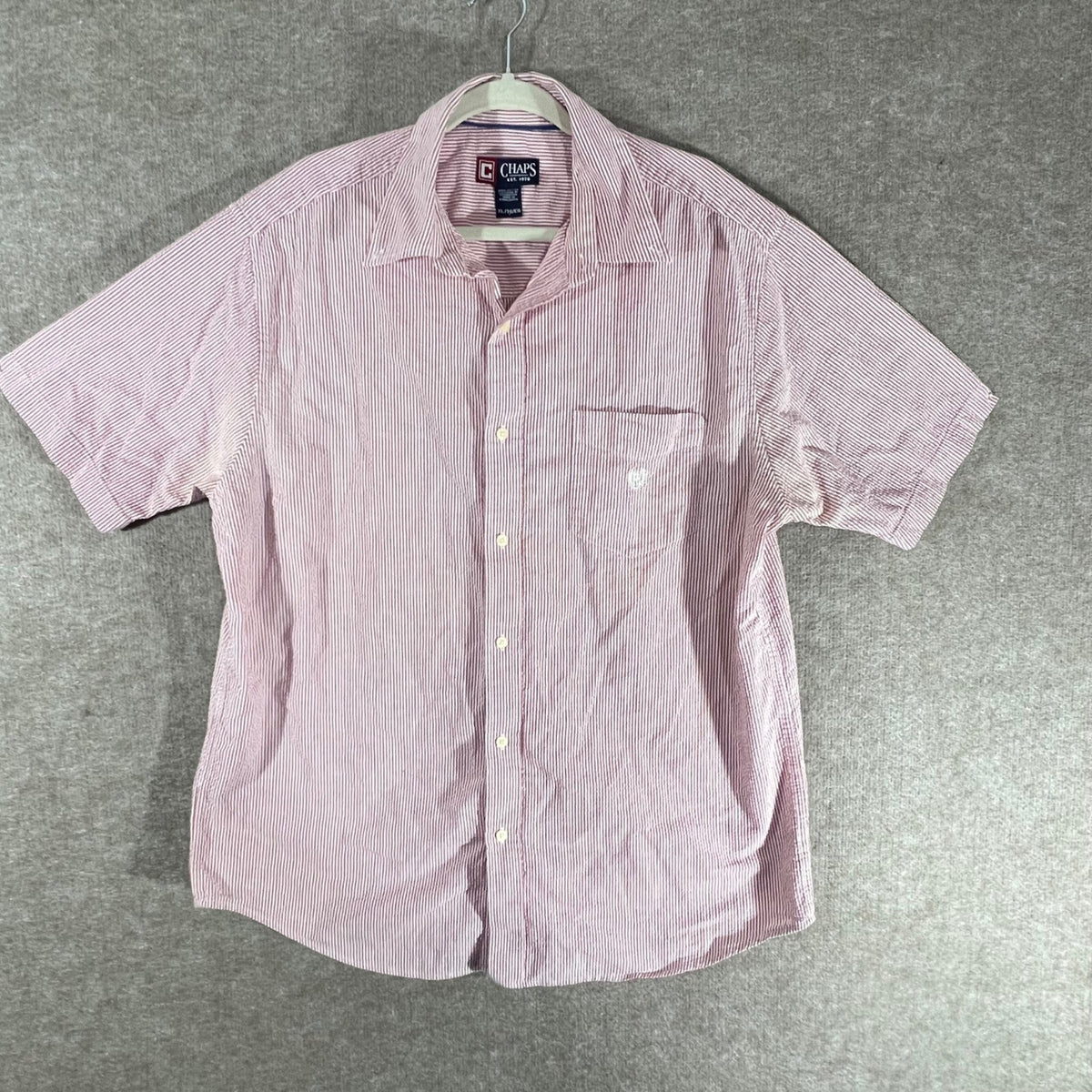 Chaps Button Up Shirt Mens XL Red White Seersucker Striped Short Sleeve Preppy