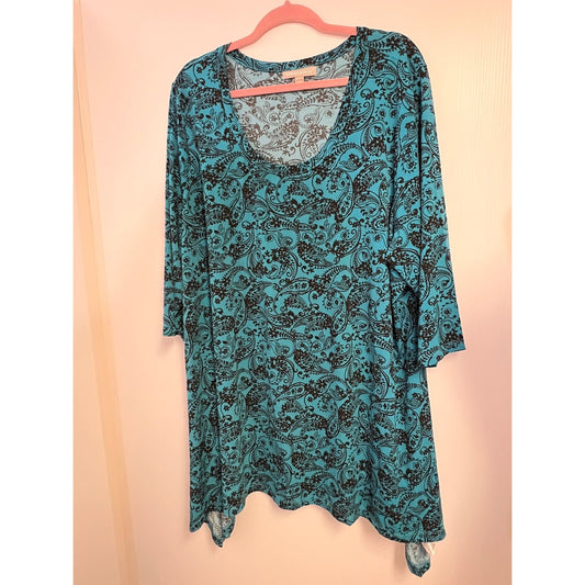 Woman Within 2X Blue Black Paisley 3/4 Sleeve Tunic Top Plus Comfy Career