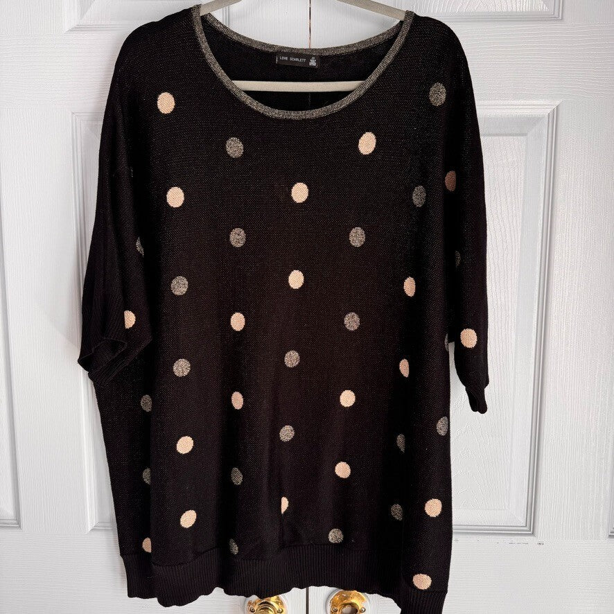 Love Scarlett Black Metallic Gold Polka Dot Sweater Dressy Career Blouse Size 2x