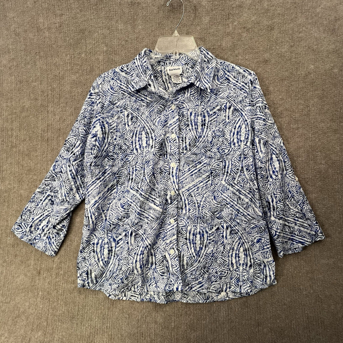 BON WORTH Womens Petite Size MP PM Sheer Abstract Button Front Long Sleeve Shirt