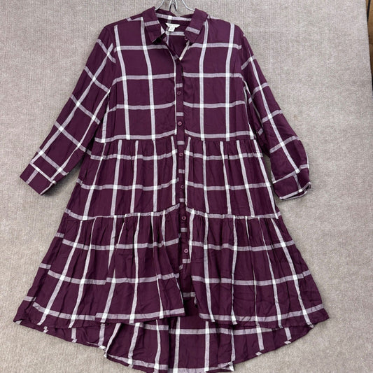Cato Women's Plaid Tiered Shirt Dress Long Sleeve Button Down Collar Burgundy M