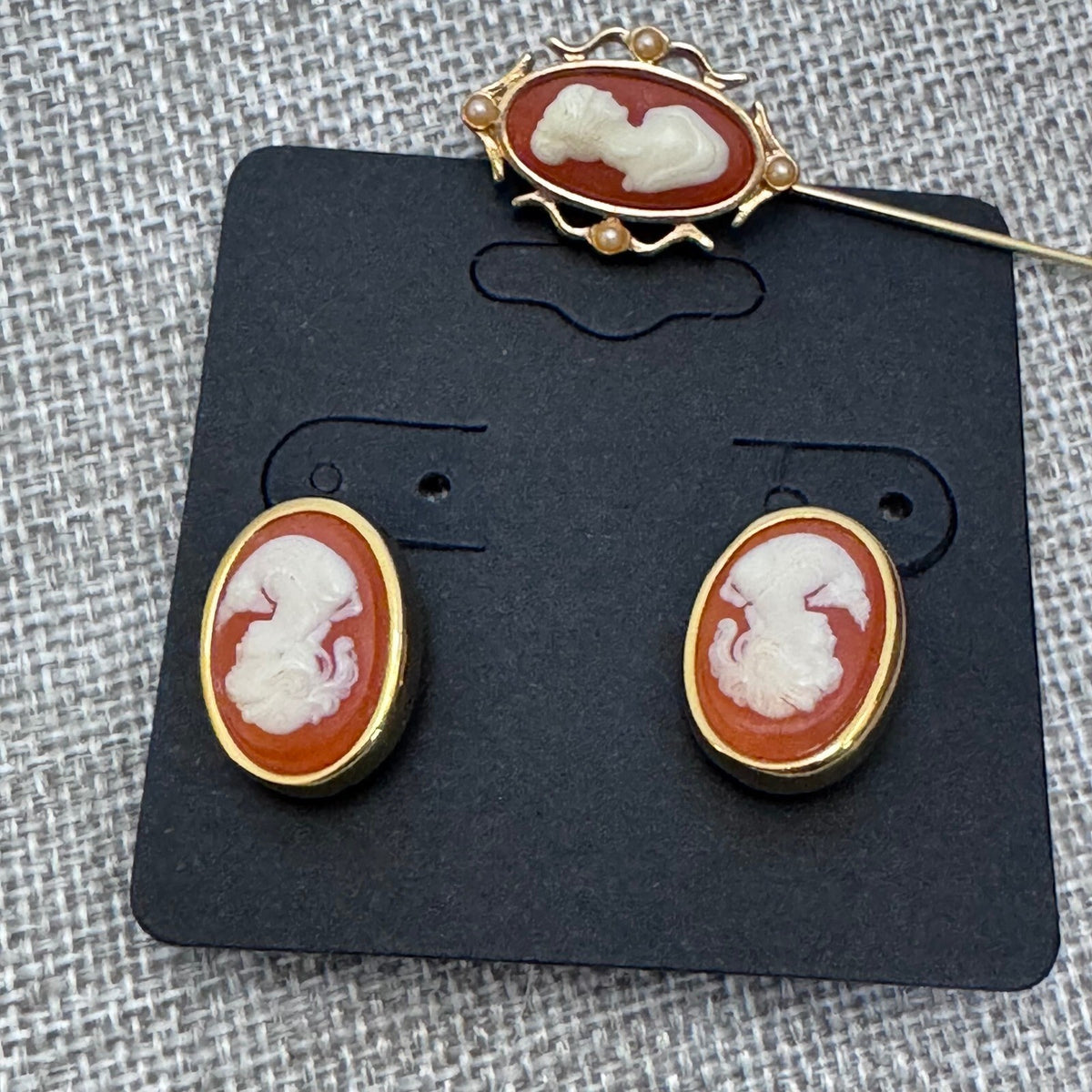 Vintage Crown Trifari Cameo Clip Earrings & Avon Cameo Stick Pin Set Gold Tone