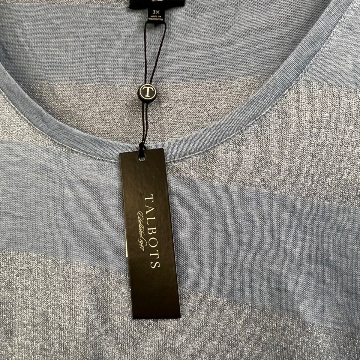 NWT Talbots Women's 3X Blue Silver Striped Long Sleeve Knit Top Metallic Sparkle