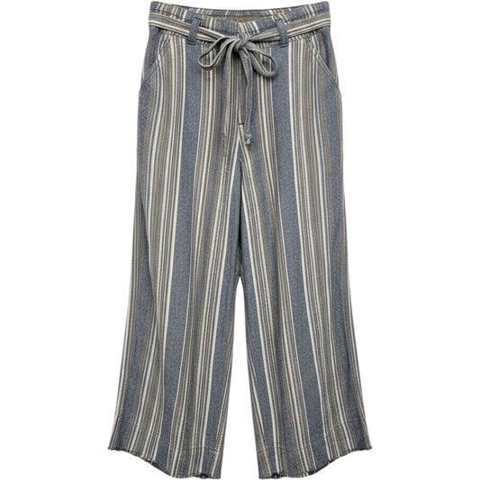 Democracy Striped Wide Leg Crop Pants Womens 10 Blue Tie Waist Coastal Boho