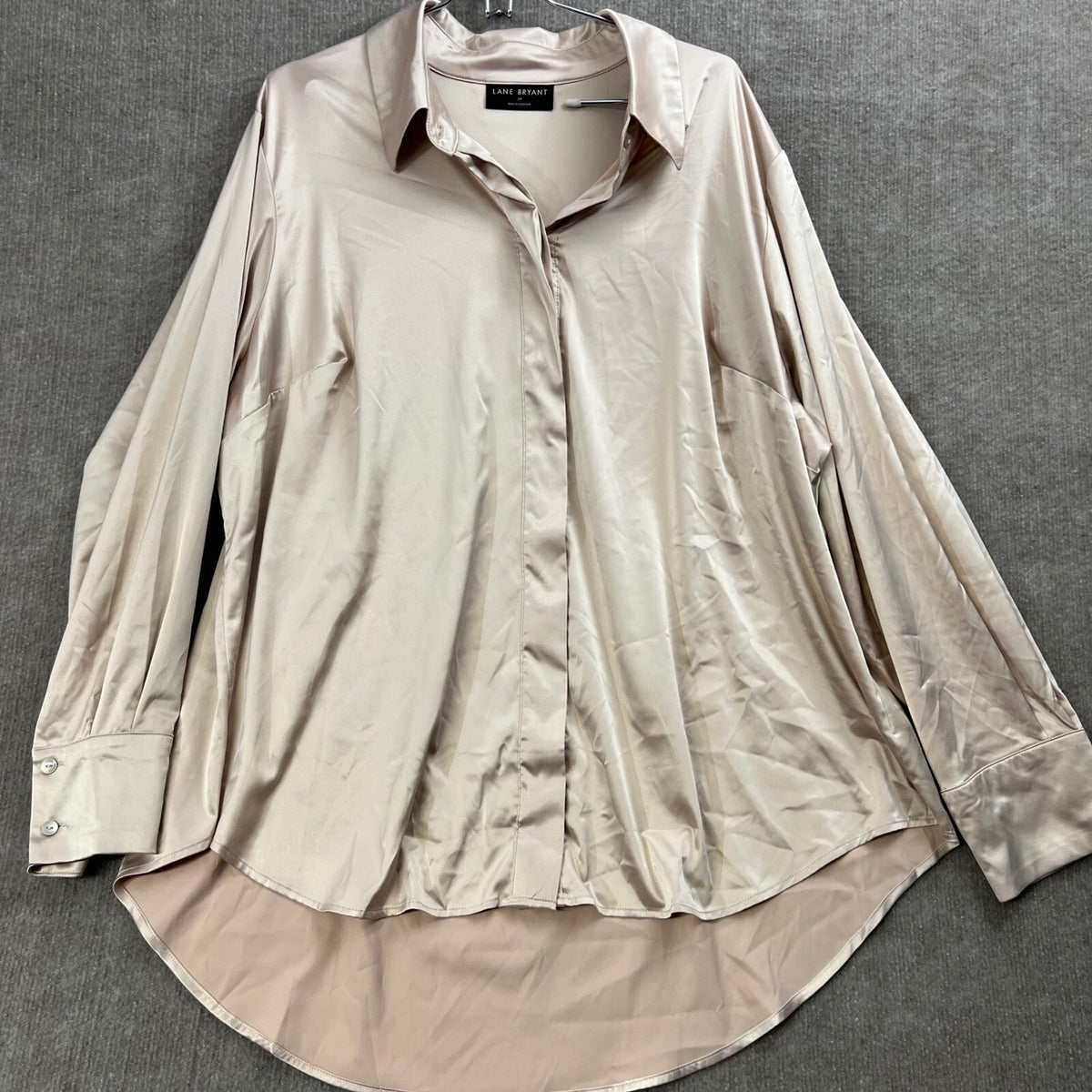 Lane Bryant Satin Button Front Shirt Blouse Plus Size 24 Beige Long Sleeve