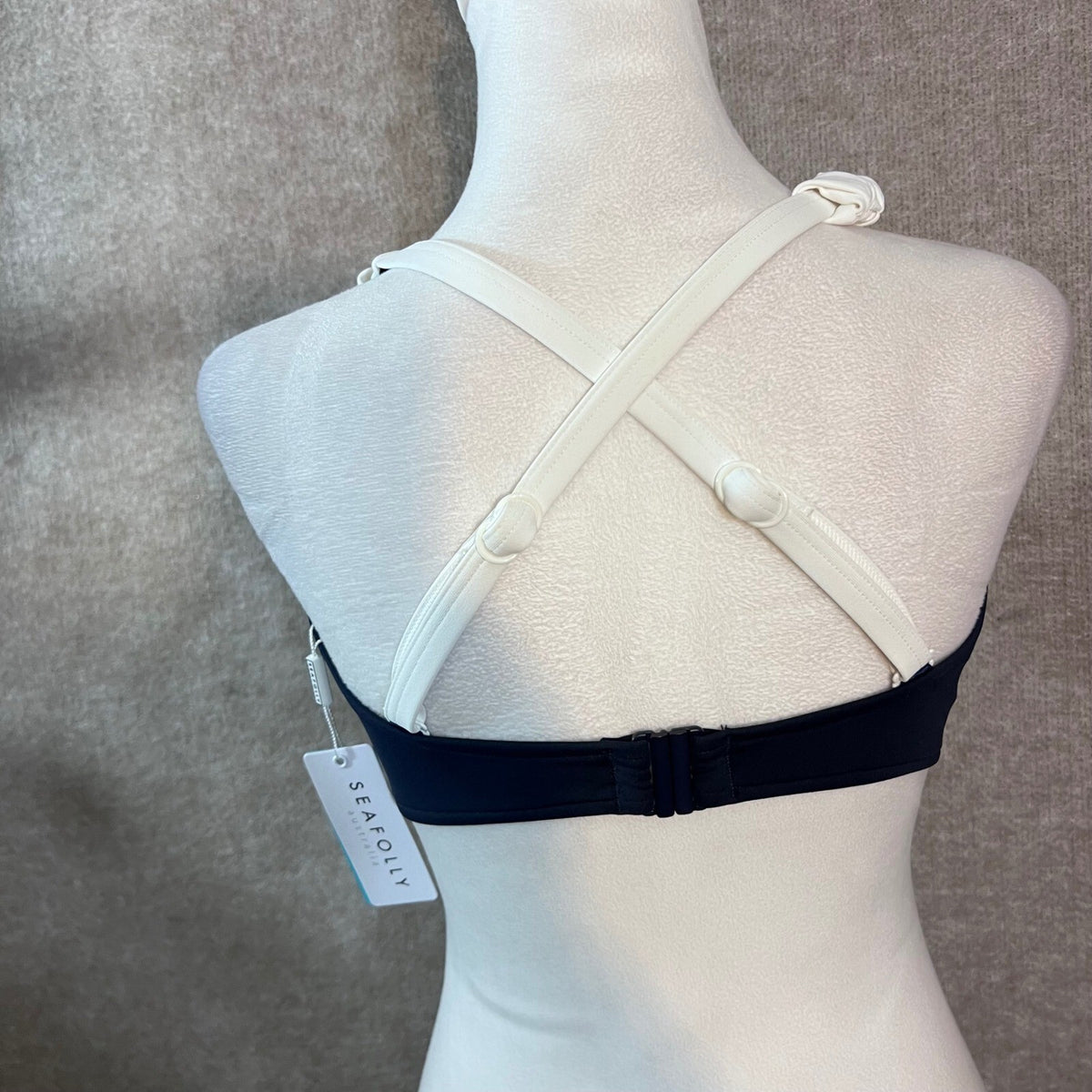 Seafolly Bikini Top Womens 8 US Indigo White F Cup Halter Cross Back Block Party