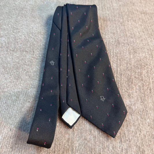 Vintage Christian Dior Necktie Black Pink Micro Dot CD Logo Silk Blend Italy
