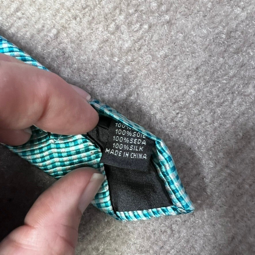 BILL BLASS Silk Tie Aqua Blue Gingham Check Mens Necktie Career Formal