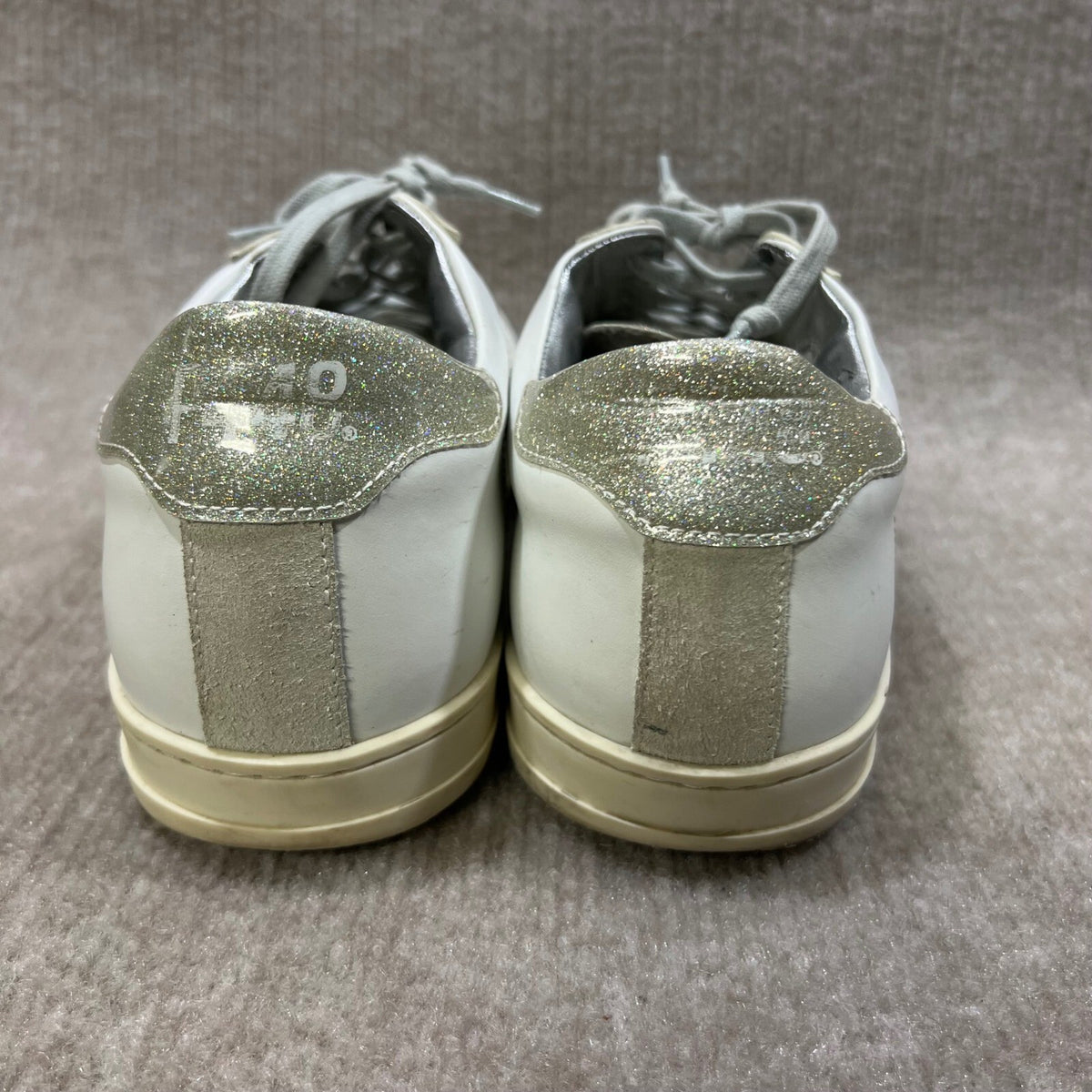 P448 John White Silver Glitter Leather Low Top Sneakers Size 41 US 10
