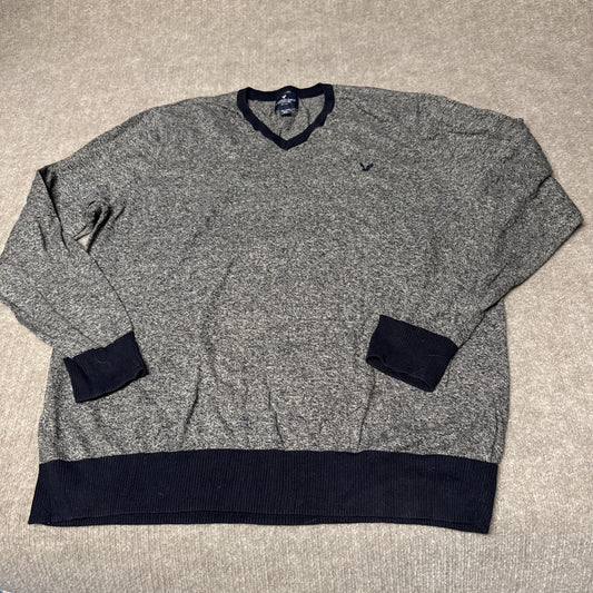 American Eagle Sweater Mens 2XL Navy Gray Knit V-Neck