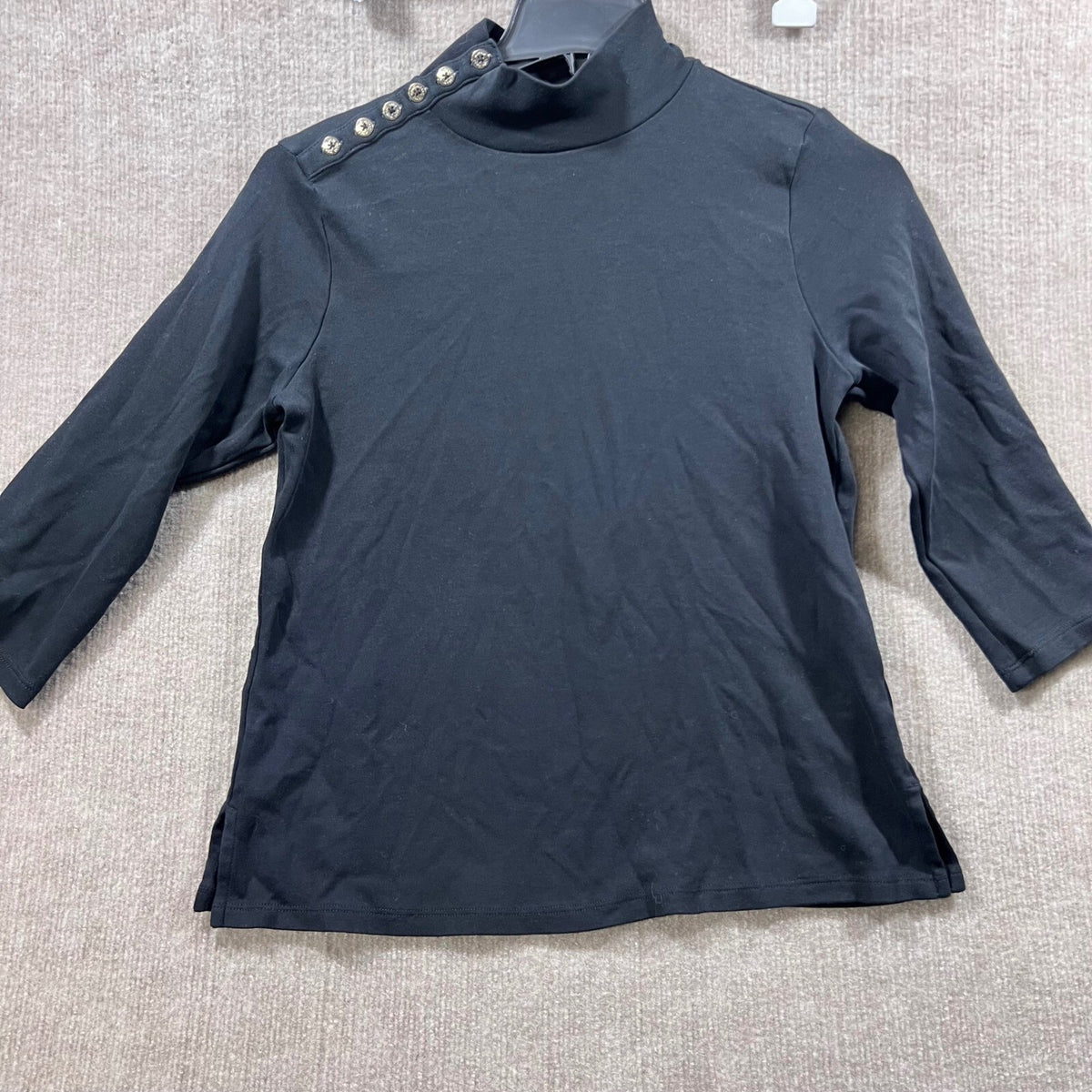ISAAC MIZRAHI ESTATE Black Mock Neck Button Shoulder Three Quarter Sleeve Top M