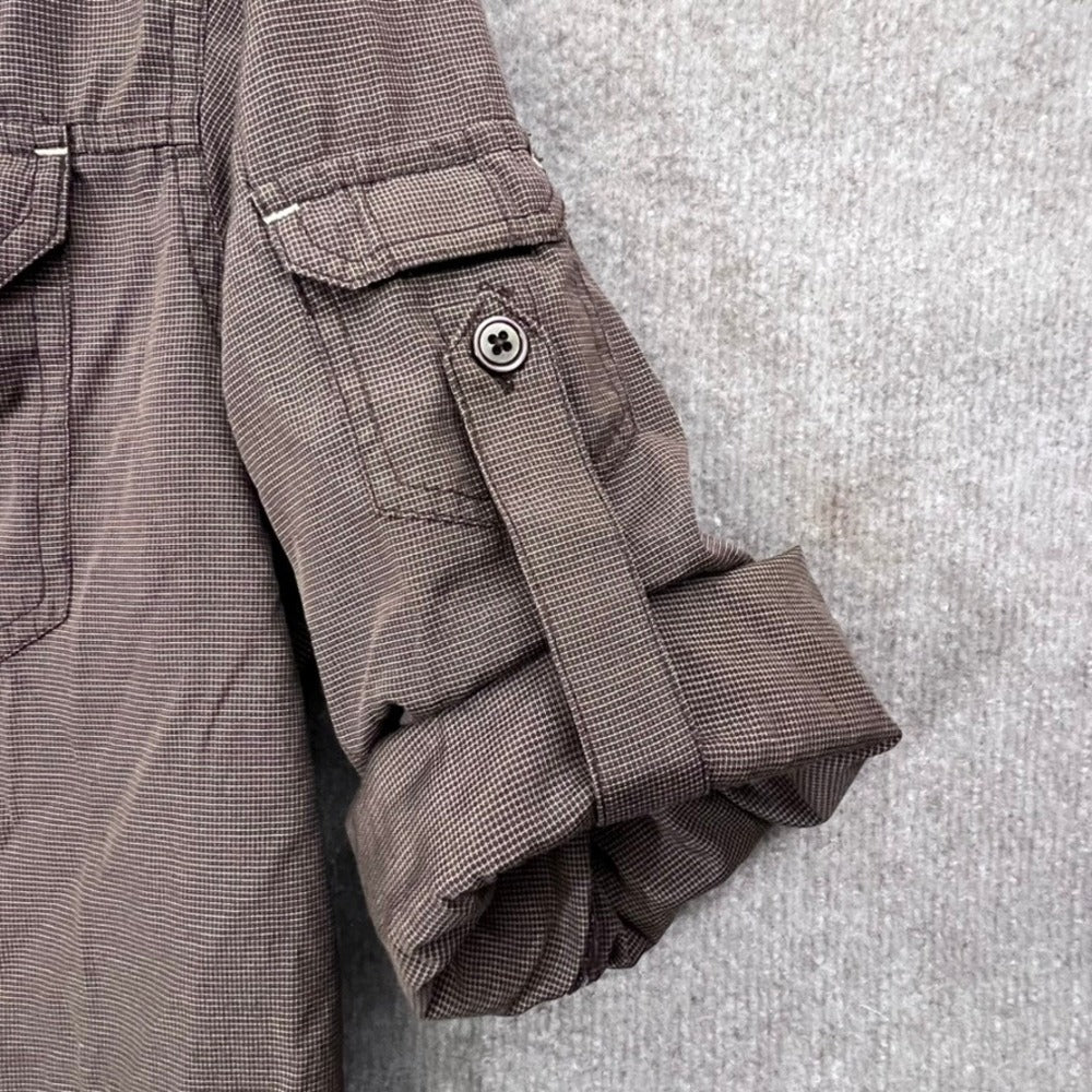 Prana Mens Medium Brown Short Roll Sleeve Button Down Shirt Top