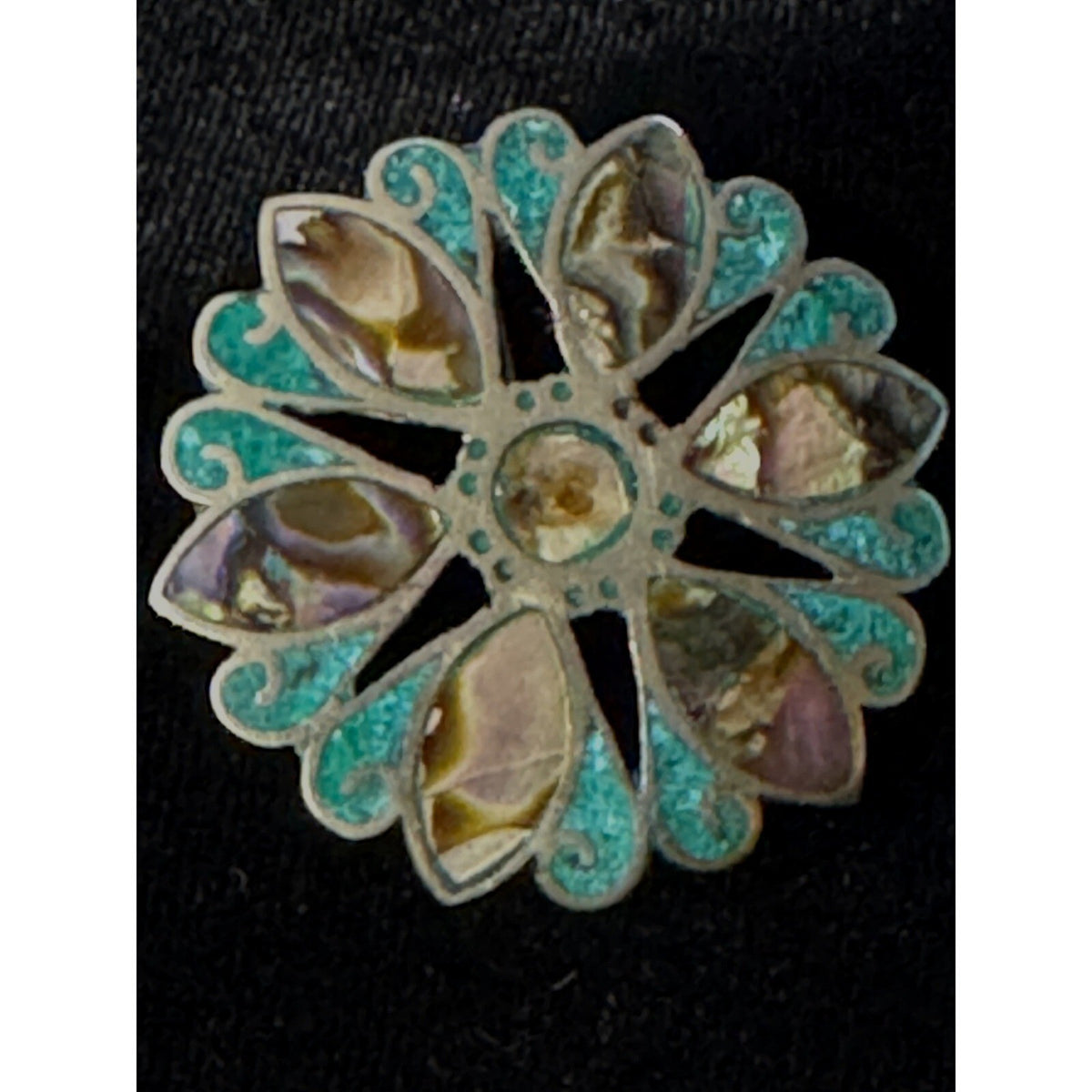 Vintage Taxco Beto Brooch Pendant Unisex OS Abalone Turquoise Inlay Floral READ
