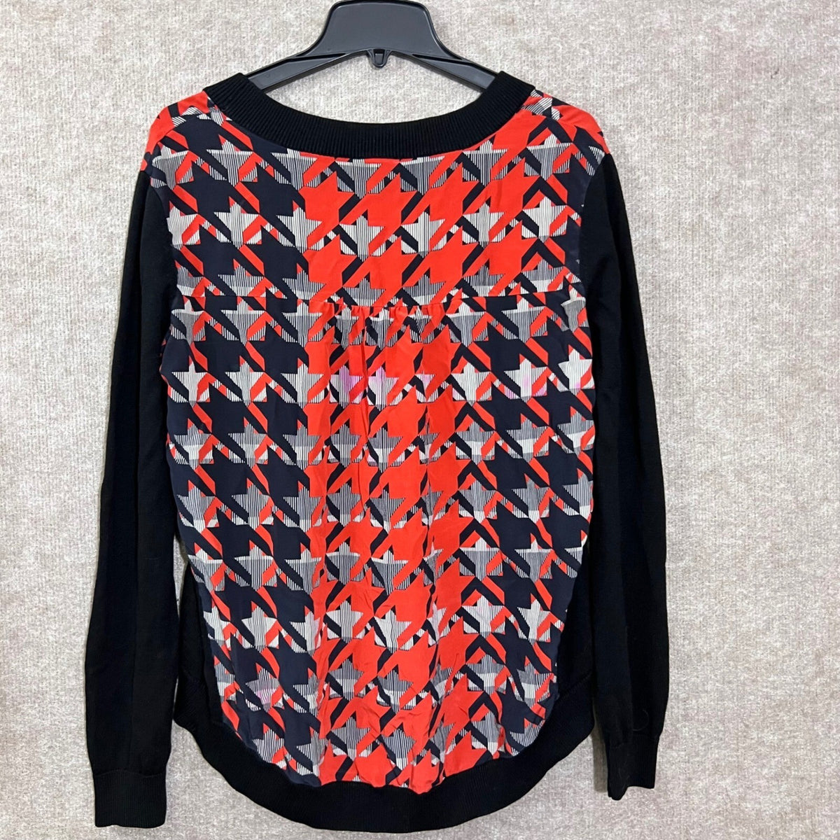 Rebecca Minkoff Silk Cashmere Mixed Media Top Small Red Houndstooth FLAW