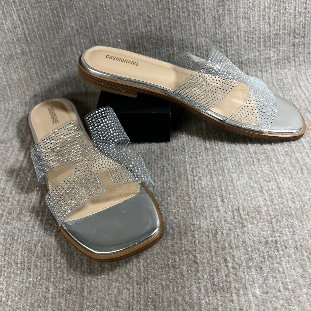 Cushionaire Rhinestone Slide Sandals Clear Silver Square Toe Flats Size 11M