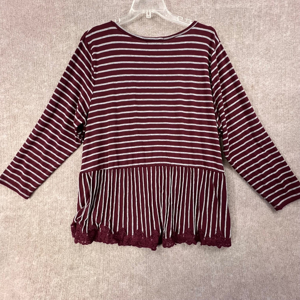Wallflower 3X Peplum Top Plus Size Burgundy Stripe Long Sleeve Lace Trim