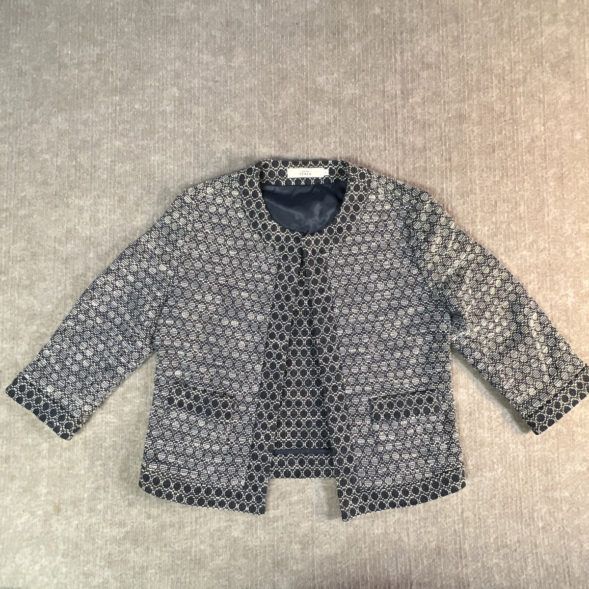 0039 Italy Navy Blue Geometric Textured Open Front Blazer Jacket Size Small