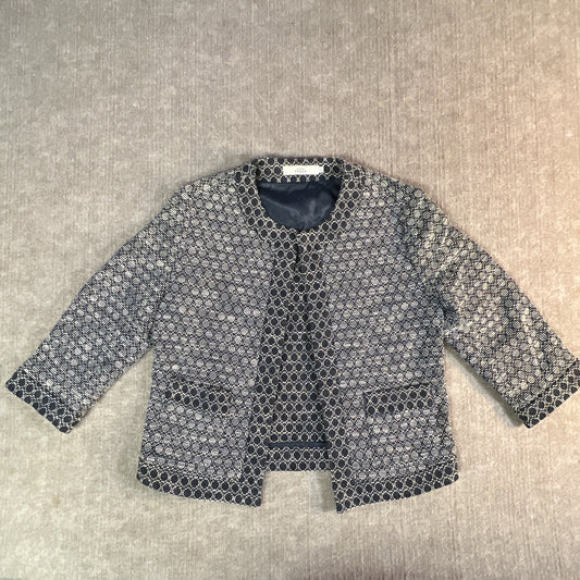 0039 Italy Navy Blue Geometric Textured Open Front Blazer Jacket Size Small