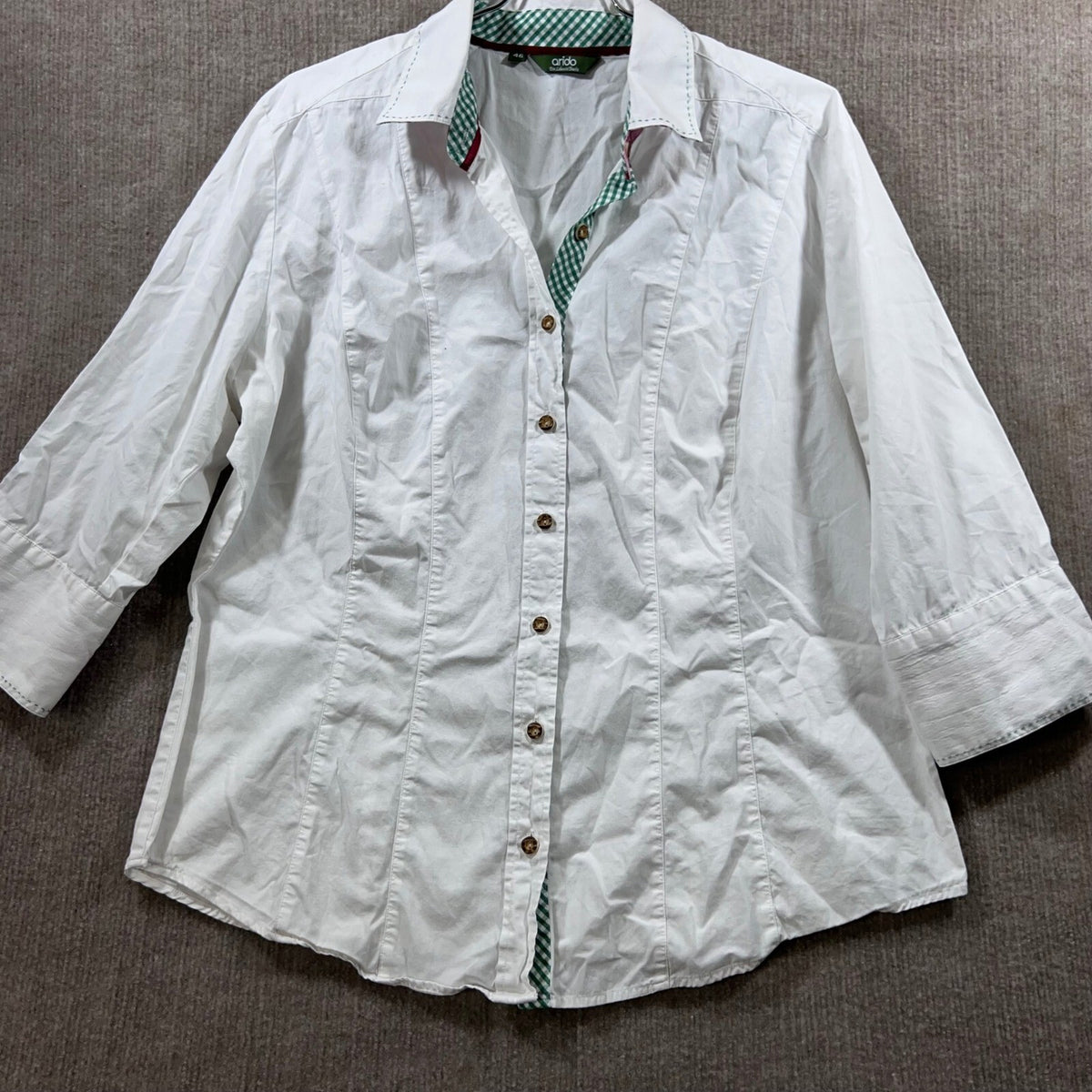 Arido Women's White Button Down Shirt 3/4 Sleeve Gingham Trim Size 46 us l