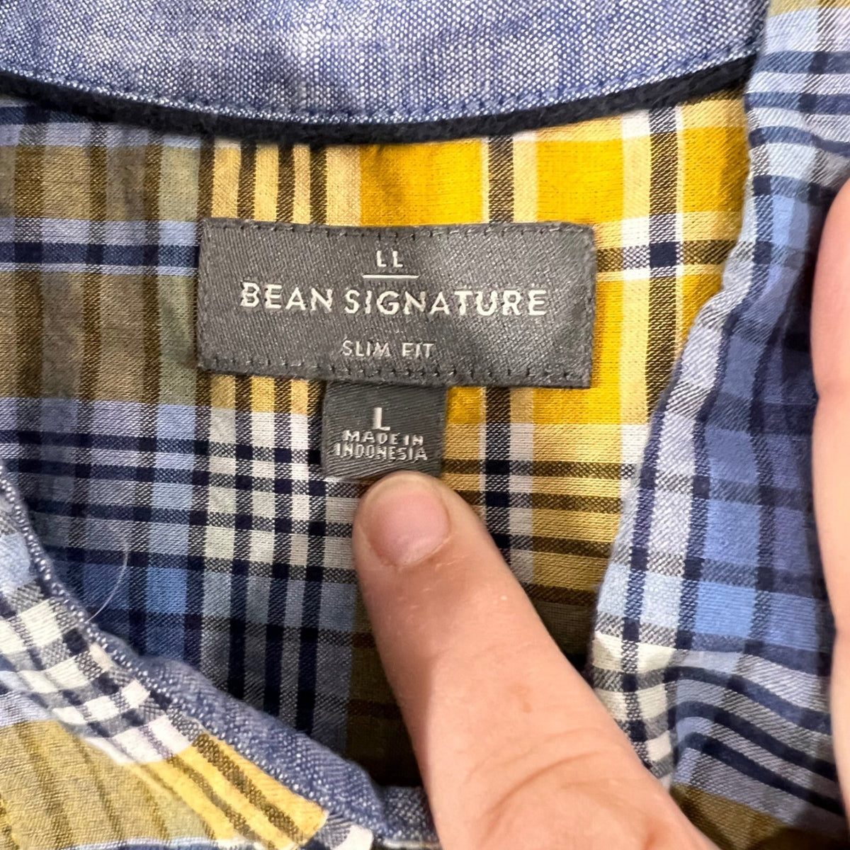 LL Bean Signature Shirt Men Large Slim Fit Yellow Blue Plaid Short Sleeve Cotton