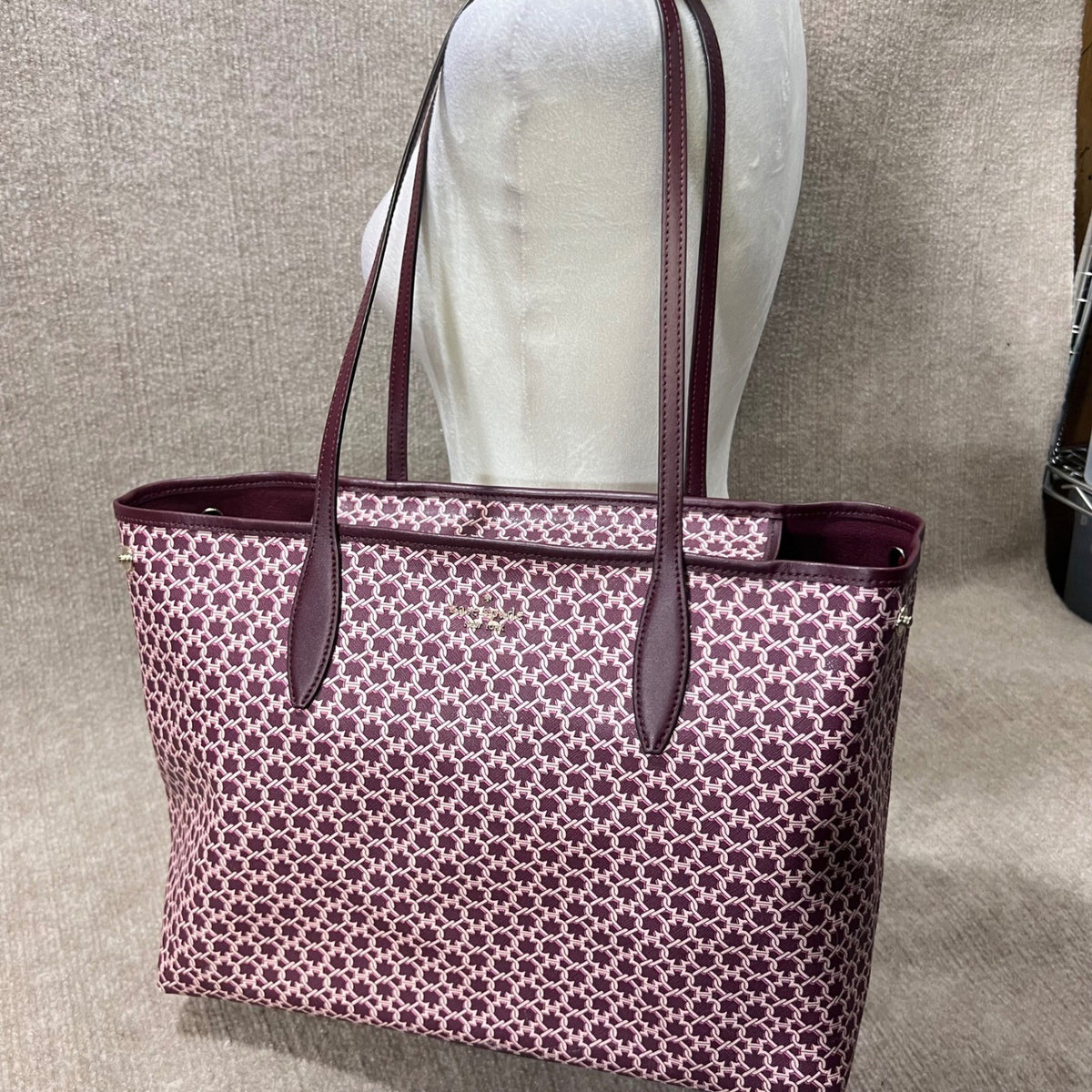 Kate Spade Link Tote Bag Burgundy Signature Logo Print Leather Trim