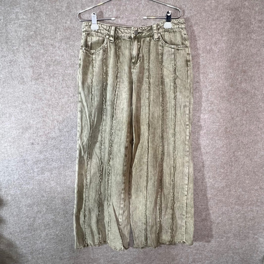 PTCL Ethikal Wide Leg Jeans Women 28 Olive Green Frayed Seam Raw Hem Grunge