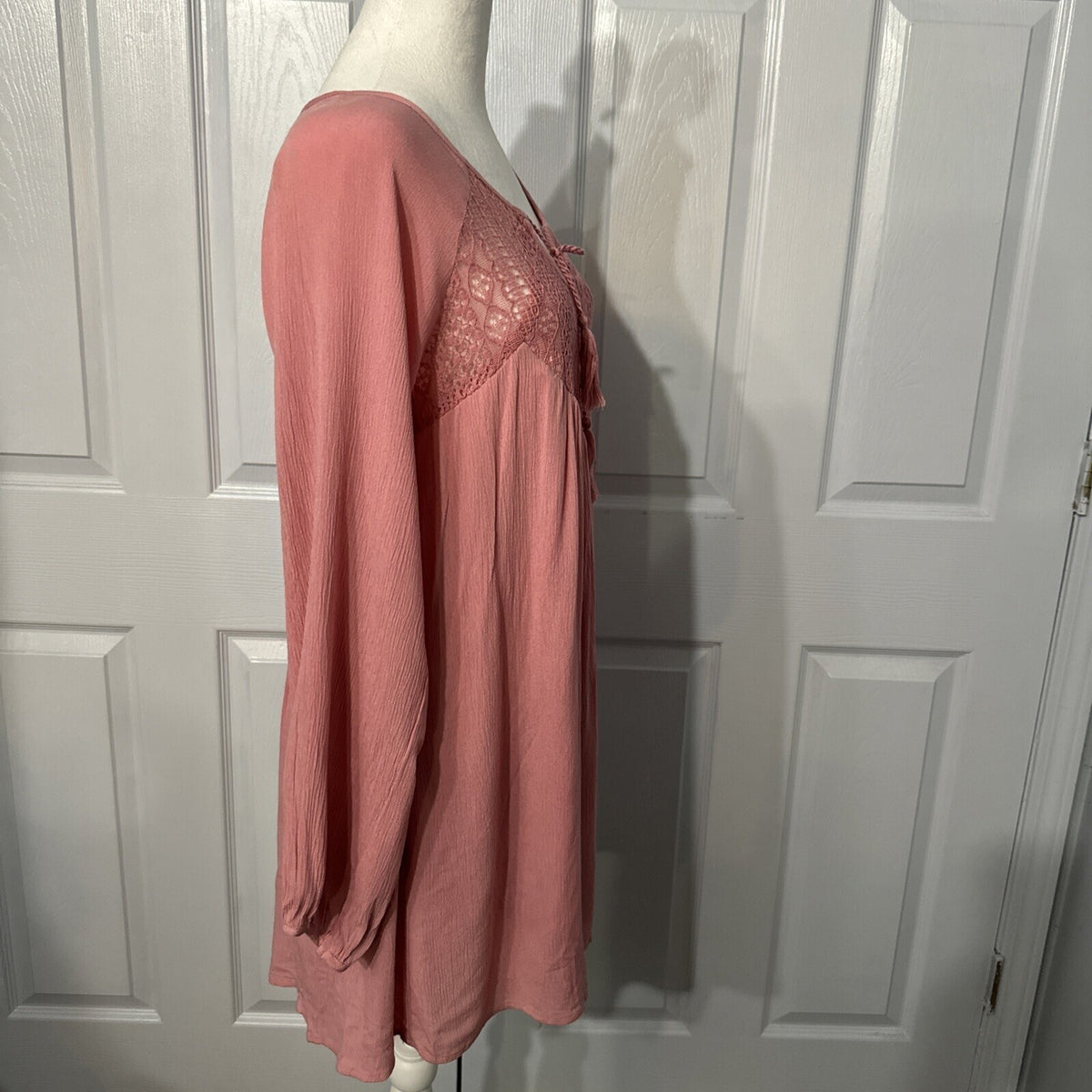 Purple Snow Lace Trim Long Sleeve Tunic Dress Womens Medium Pink Boho Peasant