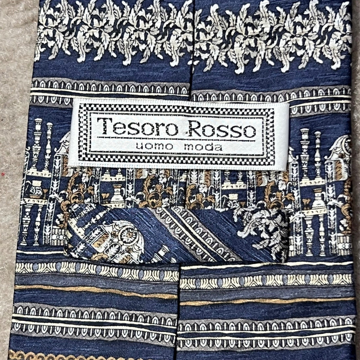 Tesoro Rosso Uomo Moda Blue Silk Necktie Architecture Pattern Art Deco Style