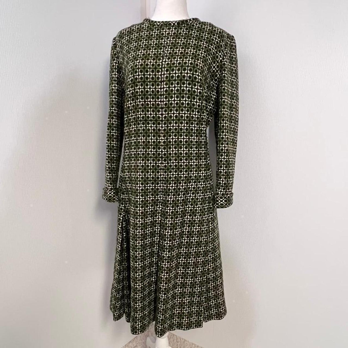 Vintage Green Mod Geo Print Long Sleeve Dress S-M Matching Scarf Retro 60 Style