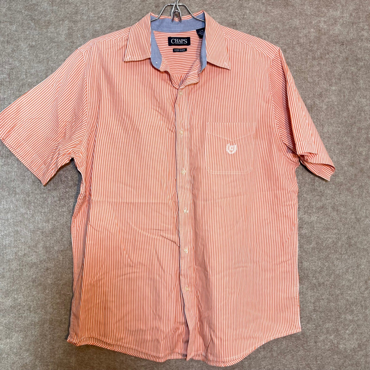 Chaps Short Sleeve Button Down Shirt Mens Large Orange White Striped Preppy