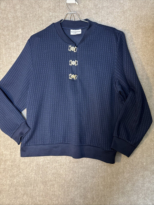 Alfred Dunner XL Vintage Women XL Top 3 Button Metal Clasp Navy