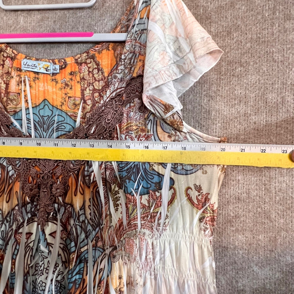 Unity World Wear Dress Womens Large Orange Paisley Crochet Neckline Boho Chic
