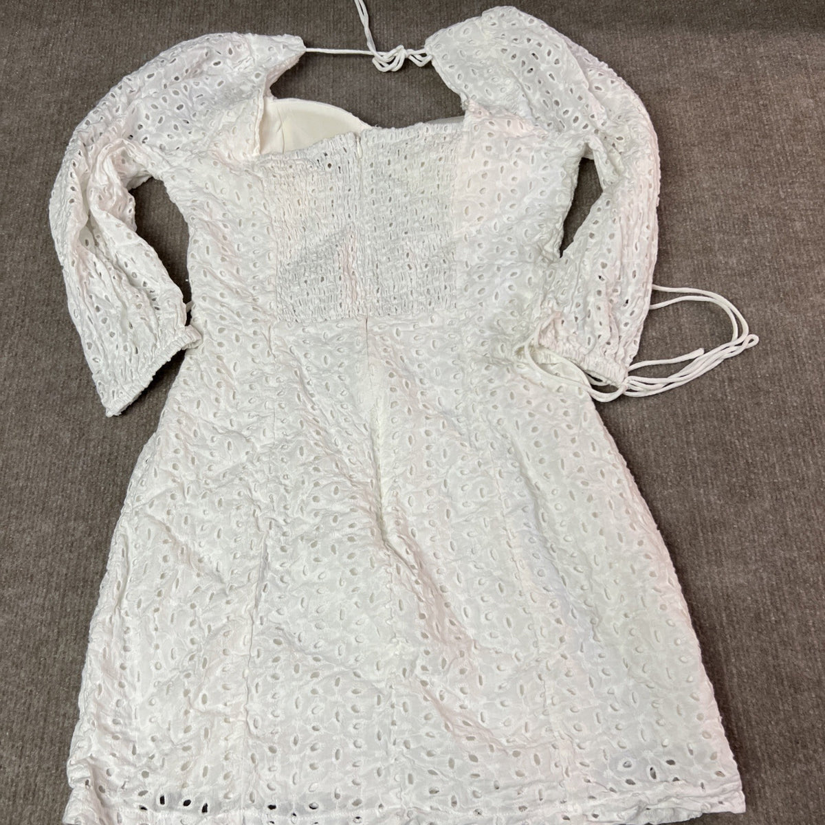 Dance & Marvel Women’s Small White Eyelet Lace Tie Back Puff Sleeve Bodycon Mini