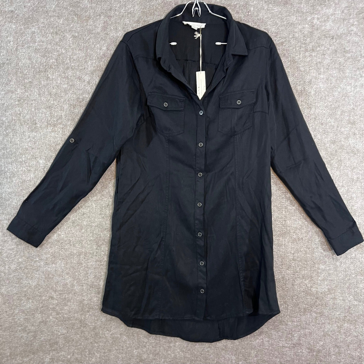 LOVESTITCH Button Down Tunic Shirt Womens Large Black Tencel Utility Gorpcore
