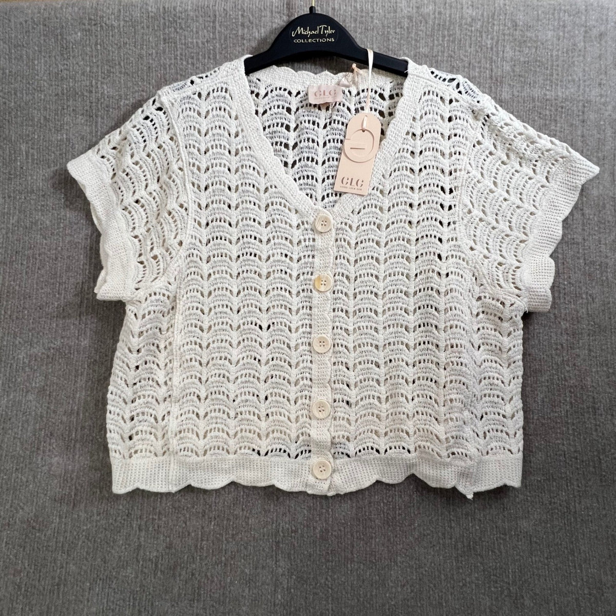 GLG Good Luck Gem Crochet Knit Button Front Cardigan Short Sleeve XL