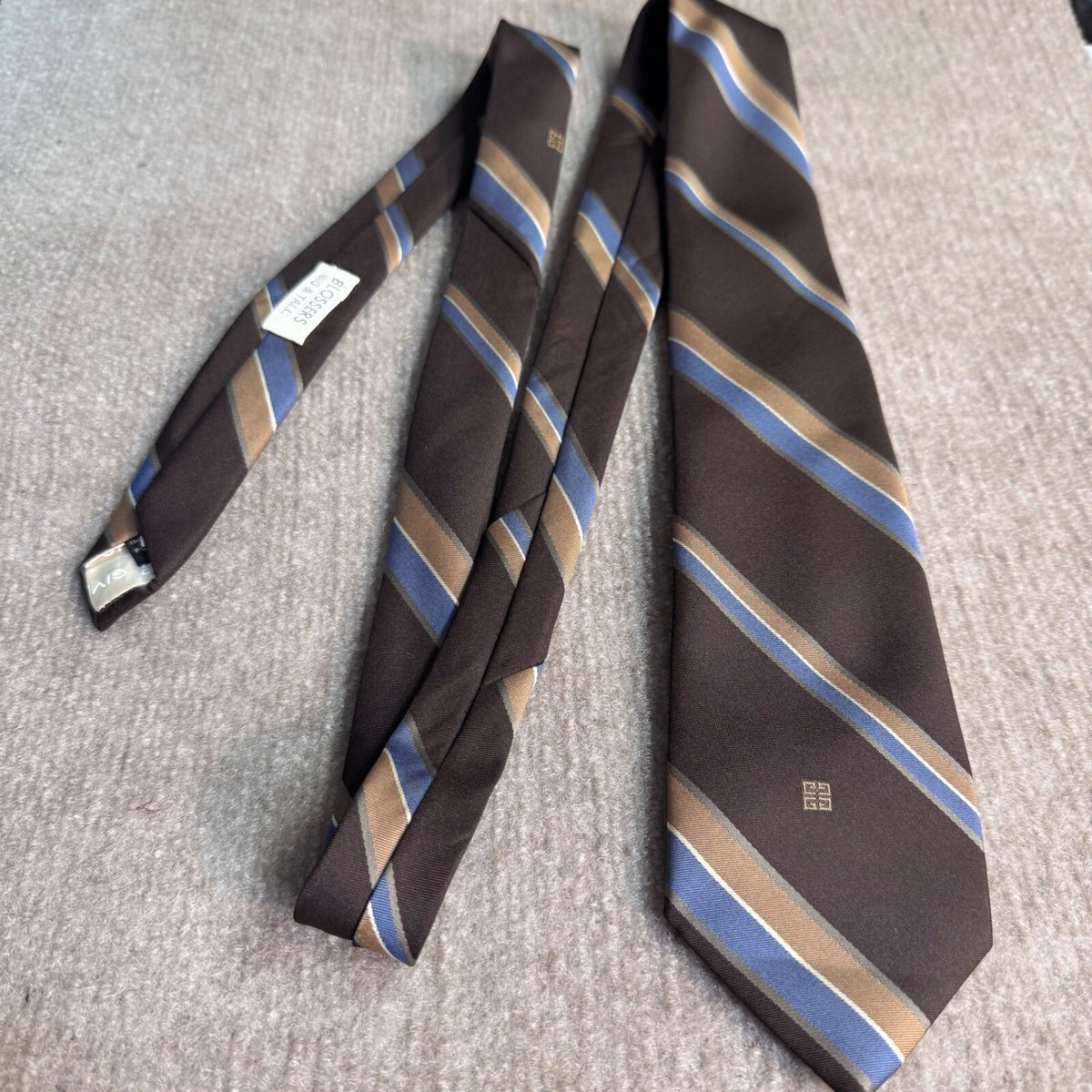 Vintage Givenchy Monsieur Necktie Mens XL Brown Striped Silk Blend Designer