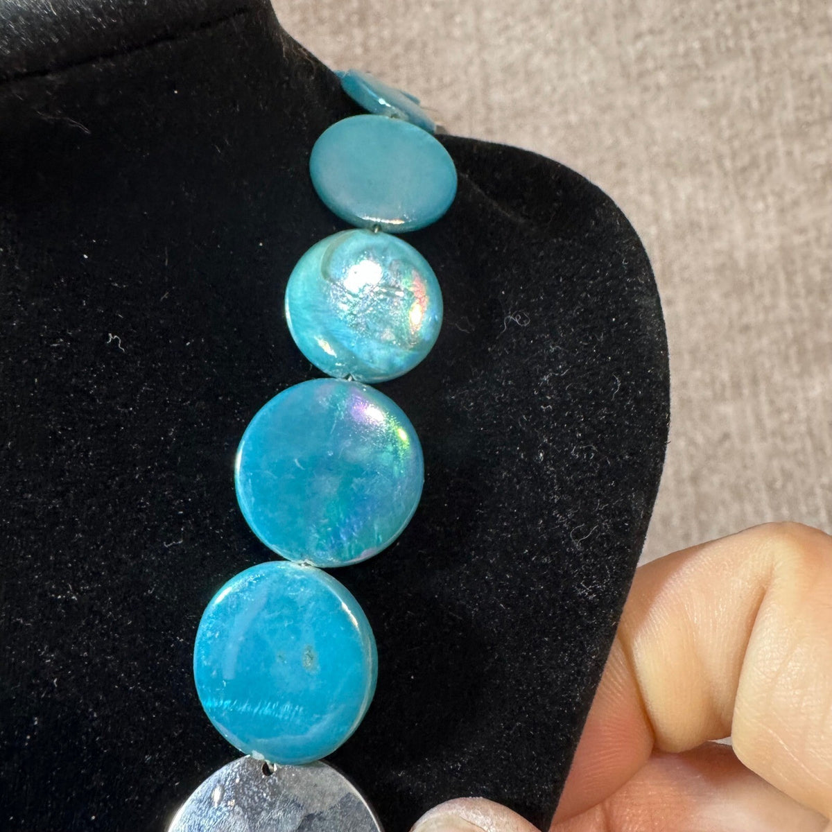 Blue Disc Statement Necklace Hammered Silver Tone Coastal Boho Mermaidcore