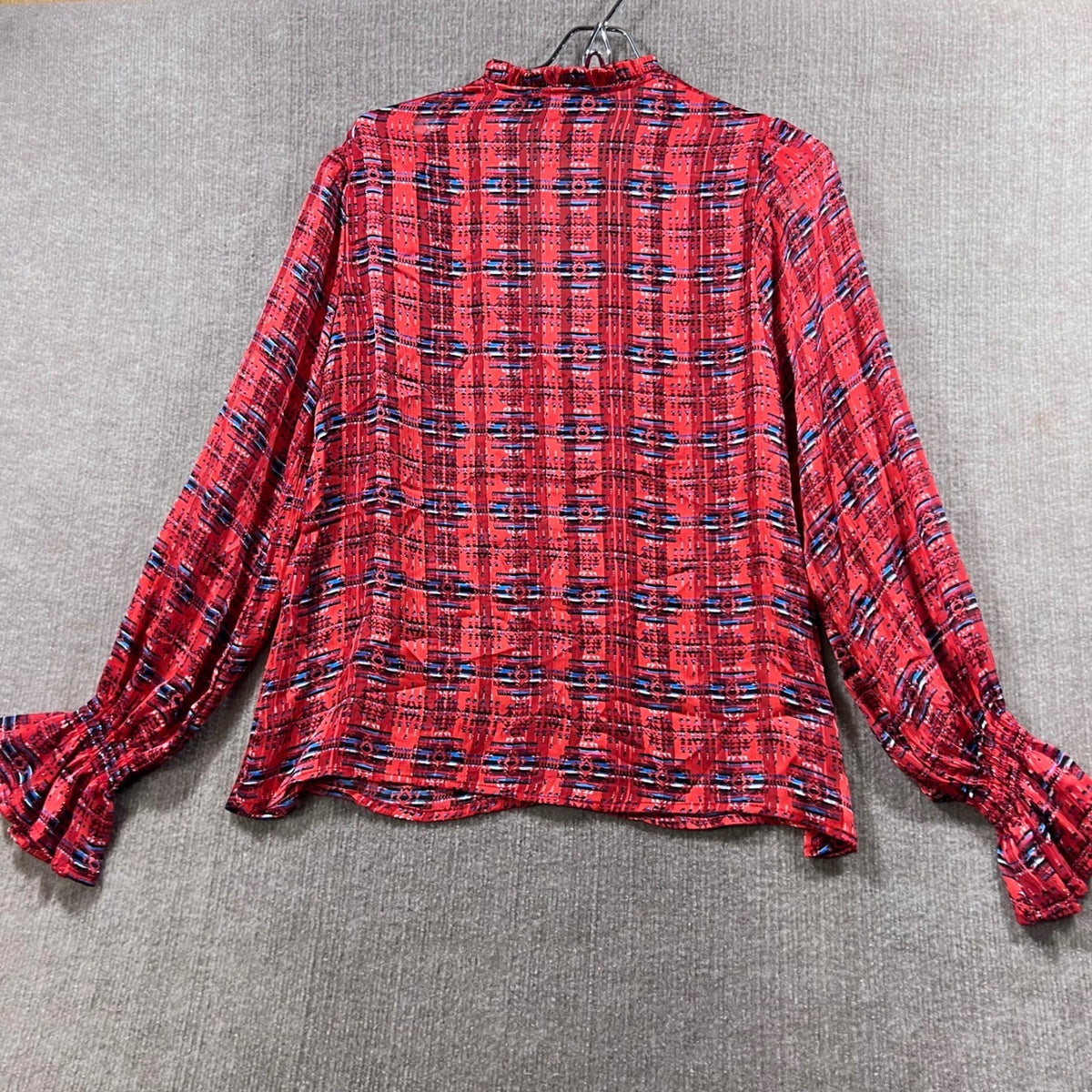 AQUA x PENDLETON Red Blue Geometric Print Ruffle Sleeve Mock Neck Blouse Size S
