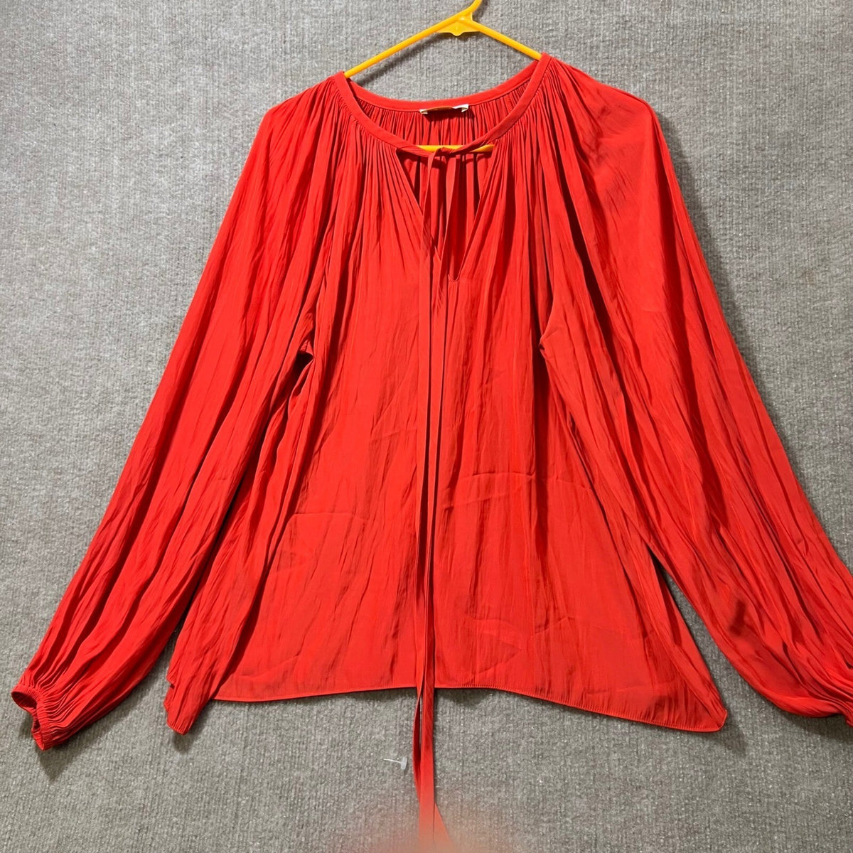 Ramy Brook New York Red Boho Tie Neck Pleated Long Sleeve Blouse Top S