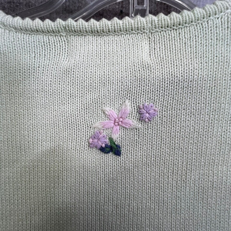Tulchan Womens Sweater Large Green Floral Embroidered Knit V Neck