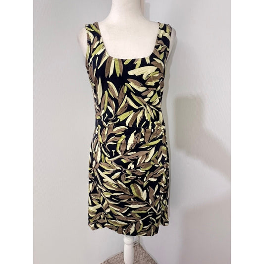 NIC+ZOE Womens Dress Small Black Green Brown Leaf Print Sleeveless Ruched