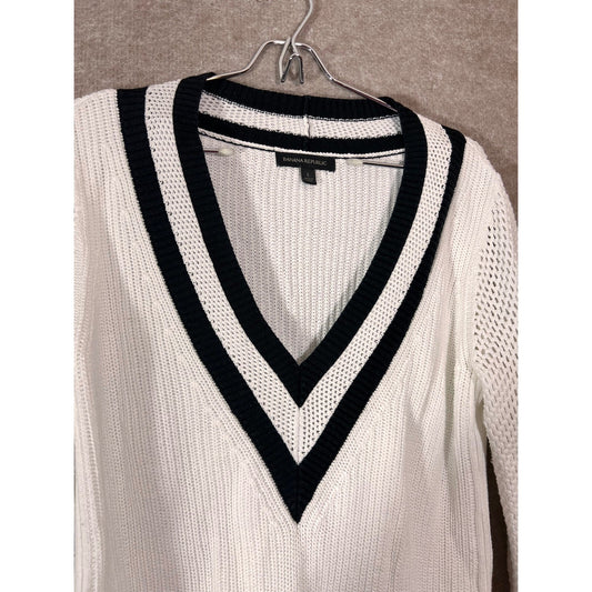 Banana Republic Sweater Womens Large White Black V-Neck Mesh Knit Preppy