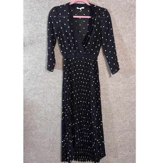 Maje Rivoli Black Star Embroidered Pleated Midi Dress  1 XS Sheer V-Neck