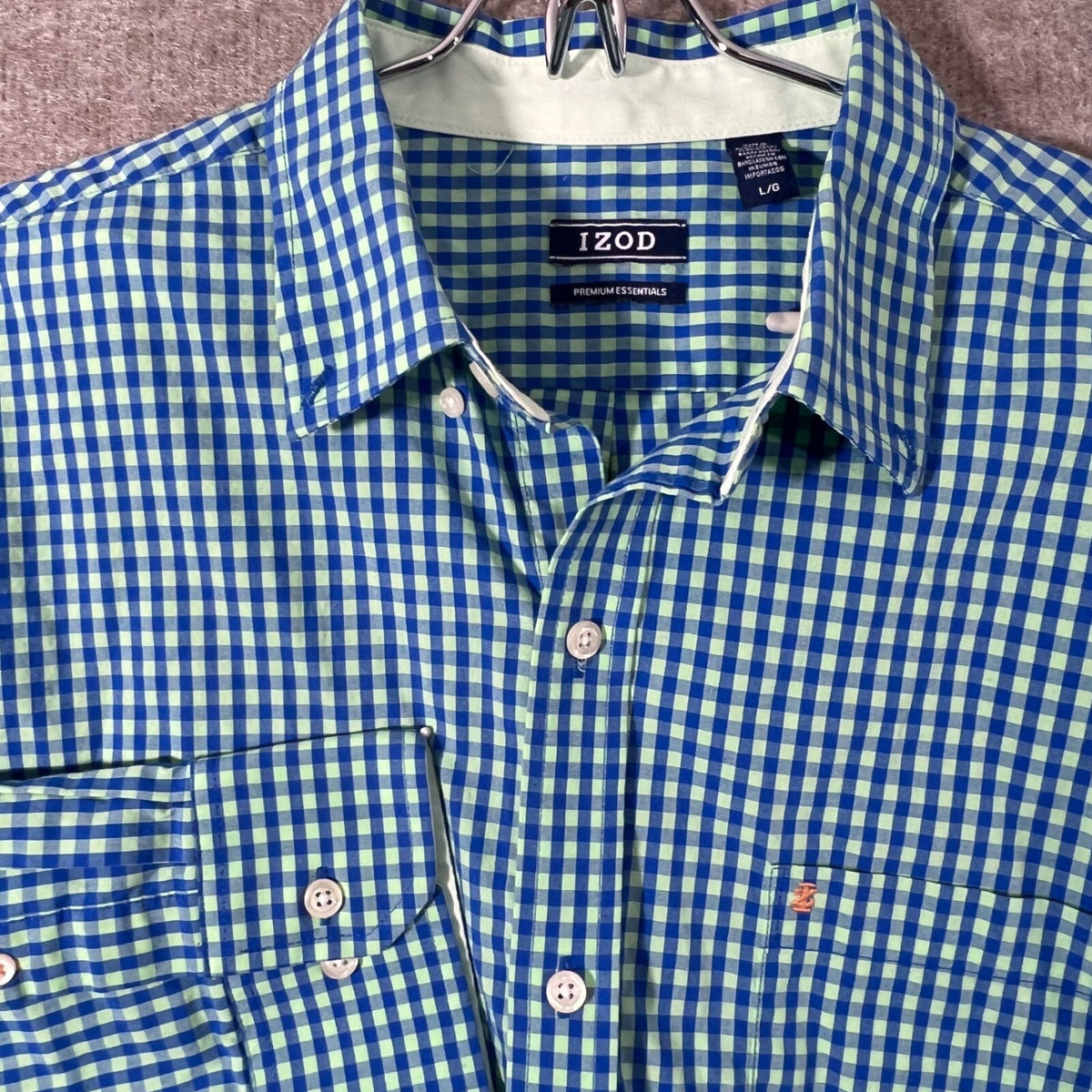 IZOD Button Down Shirt Mens L Gingham Plaid Blue Green Preppy Premium Essentials